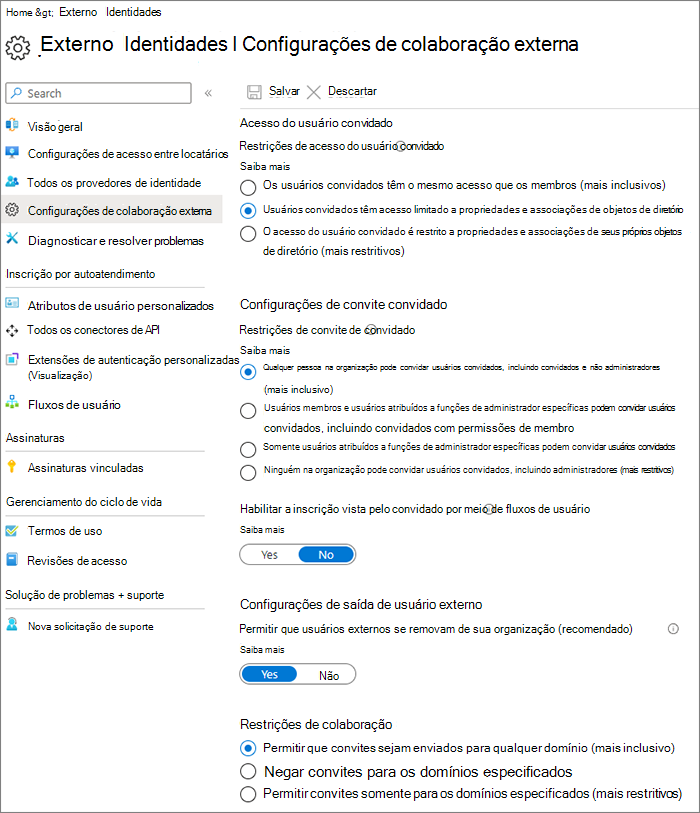 Captura de tela da página Microsoft Entra configurações de colaboração externa.