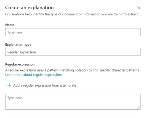 Captura de tela mostrando o painel Criar um explicação com a opção Expressão Regular selecionada.
