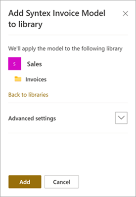 Captura de tela do painel Adicionar à biblioteca mostrando o site e as bibliotecas aplicadas.