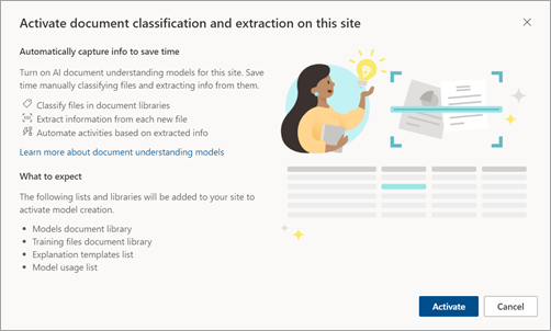 Captura de tela da página Ativar informações de classificação e extração de documentos.