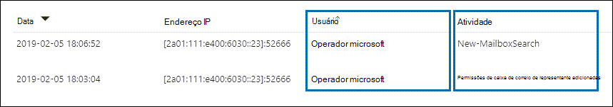 Filtrar em "Operador da Microsoft" para exibir registros de auditoria