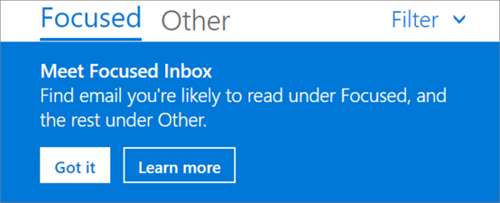 Uma imagem da aparência da Caixa de Entrada Destaques quando um usuário abre pela primeira vez o Outlook na Web.