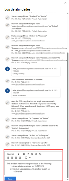 Realçando a caixa de comentários da página de incidentes no portal do Microsoft Defender