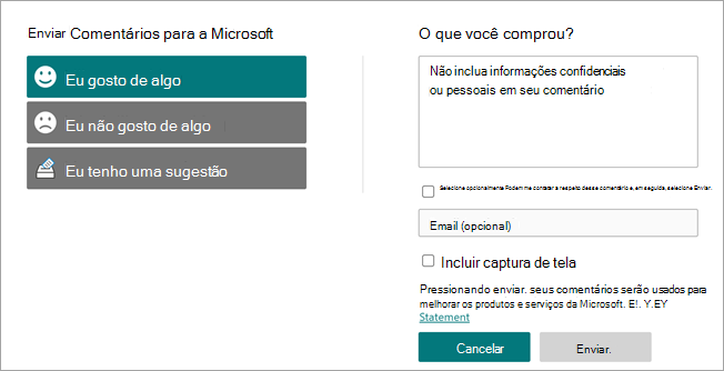 Captura de tela mostrando a página Enviar Comentários para a Microsoft.