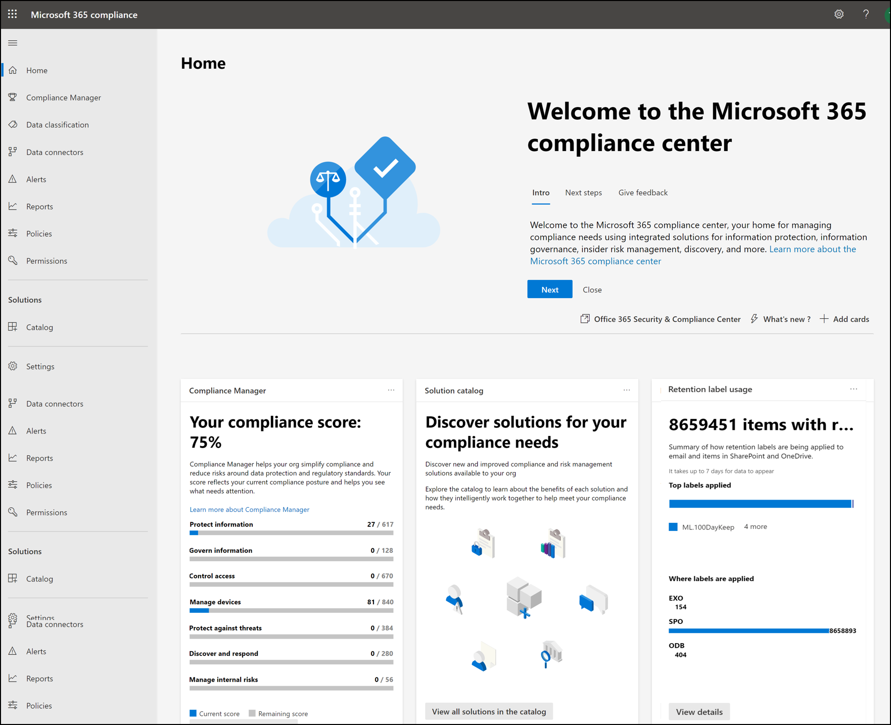 Home page do portal de conformidade do Microsoft Purview.