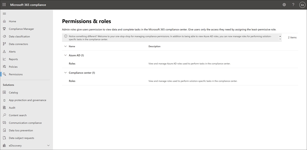 Página Permissões em Centro de conformidade do Microsoft 365.