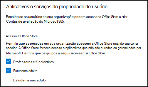 Permitir que o usuário acesse as configurações do office store para EDU