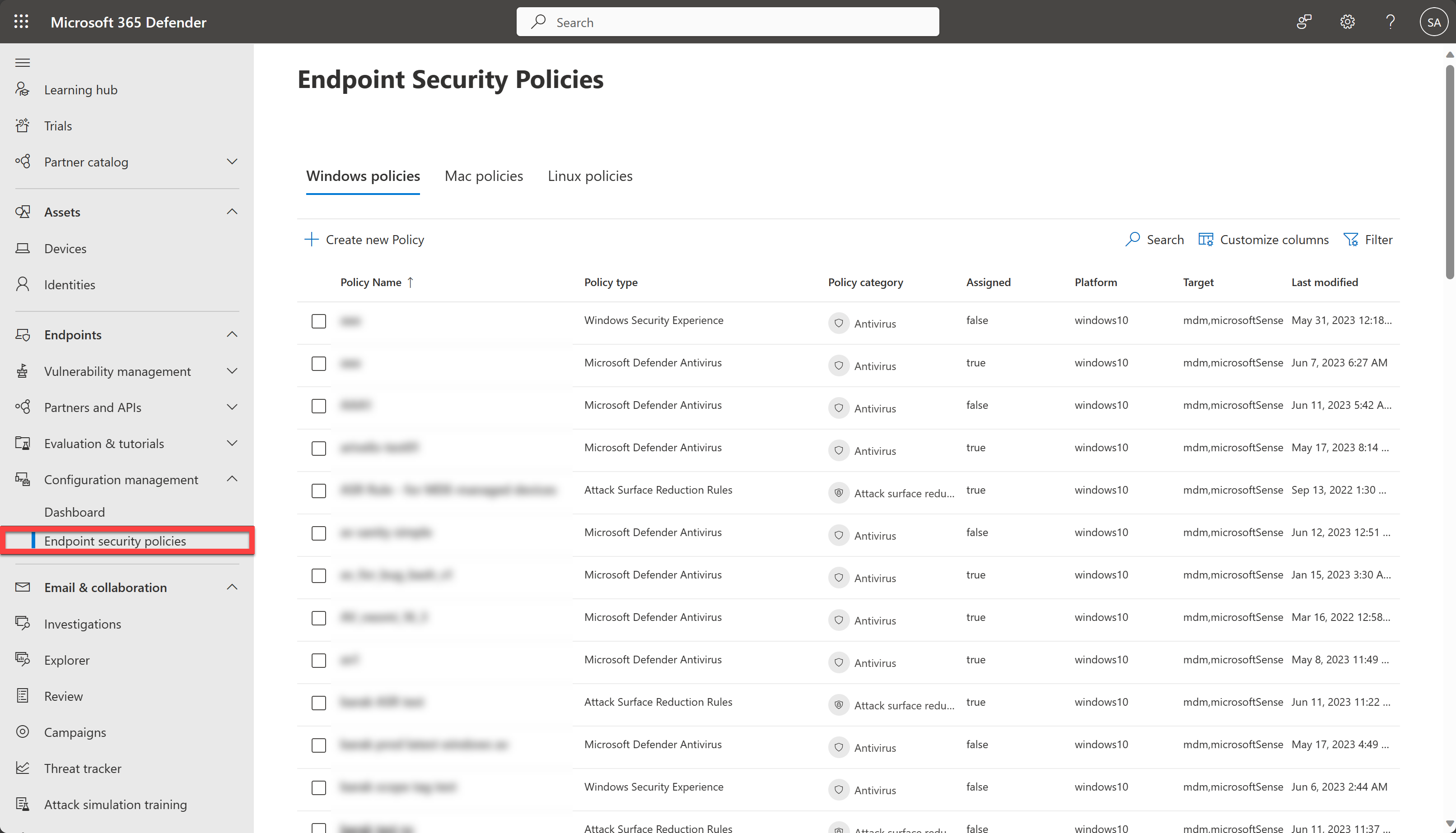 Gerenciando políticas de segurança de ponto de extremidade no portal de Microsoft Defender