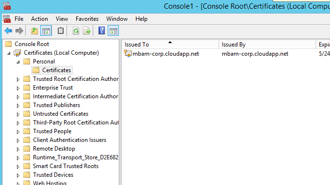 A captura de tela mostra a janela de snap-in Certificados (Computador Local).