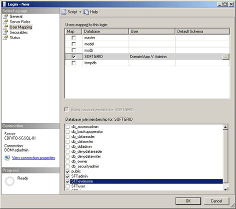 Captura de tela dos logons SQL com o logon SOFTGRID mapeado para as funções SFTadmin e SFTeveryone.