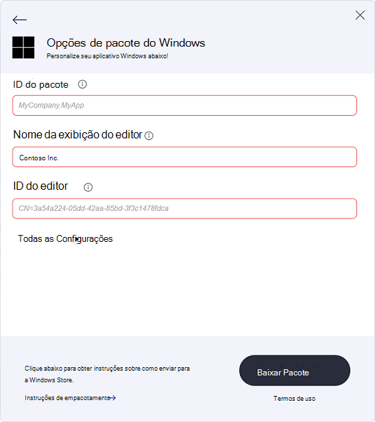 Colar informações do editor na página Opções de Pacote do Windows