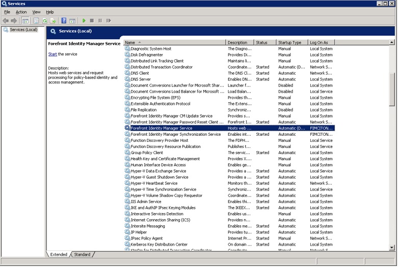 Captura de tela do console de serviços mostrando o Serviço forefront Identity Manager.