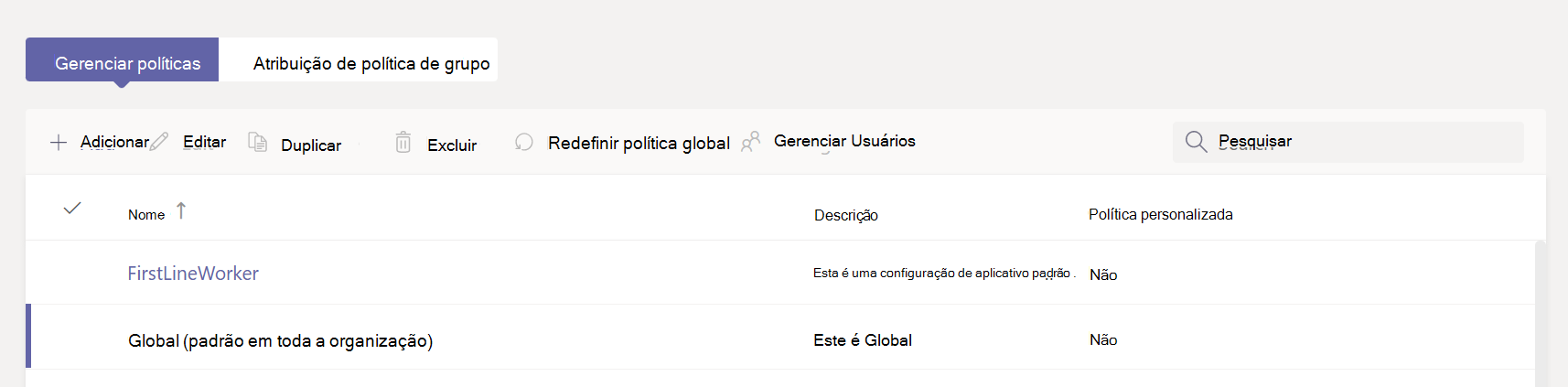A captura de tela mostra a página de políticas de configuração do aplicativo com opções para gerenciar políticas ou adicionar novas políticas.
