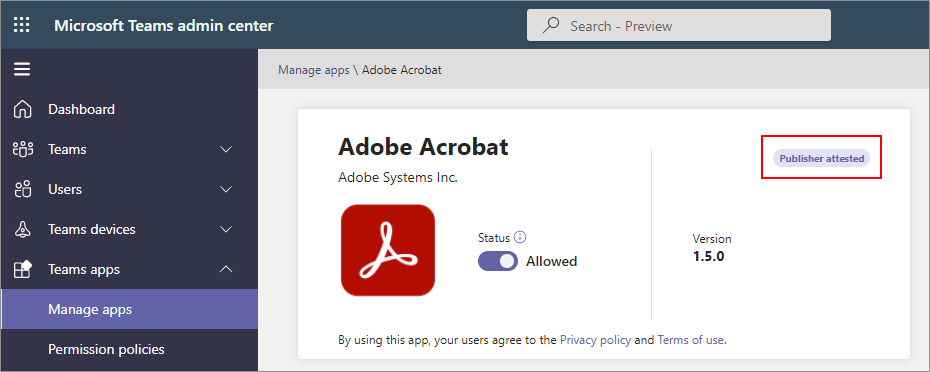 No Centro de administração do Teams, o ícone Atestado pelo Fornecedor é exibido em todos os aplicativos atestados.