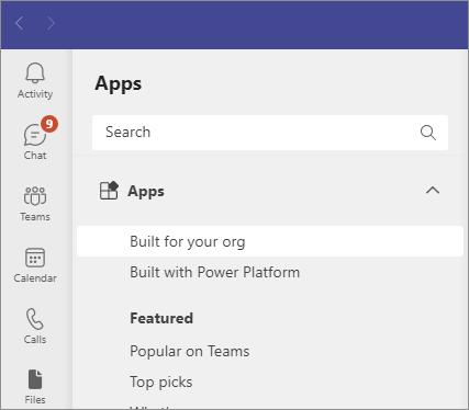 Captura de tela de aplicativos personalizados na loja do Teams no aplicativo de área de trabalho do Teams.