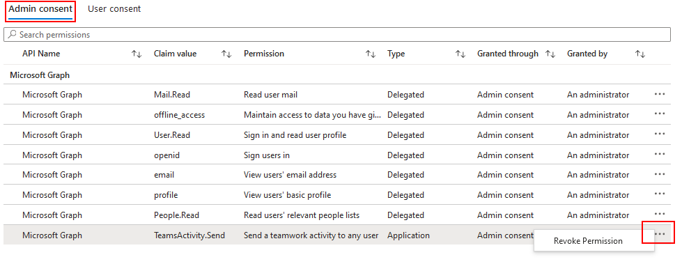 Captura de tela mostrando a opção de revogar uma permissão do Graph de um aplicativo do centro de administração Microsoft Entra.
