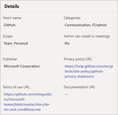 No Centro de administração do Teams, os administradores podem acessar o link para a política de privacidade e os termos de uso de todos os aplicativos.