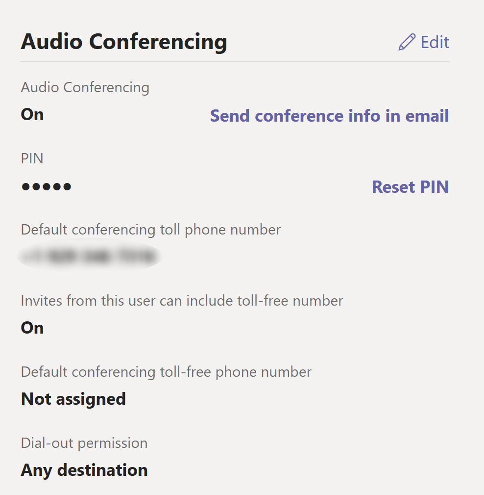 Captura de tela das configurações de Conferência de Áudio para um usuário no Centro de Administração do Microsoft Teams.