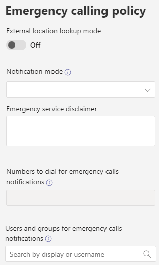 Captura de tela das políticas de chamada de emergência do Teams.