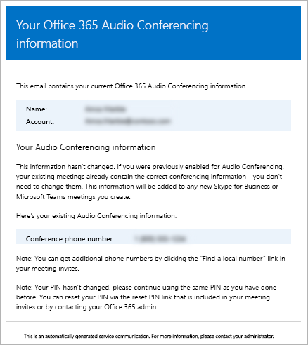 Exemplo de uma mensagem de email de conferência discada.