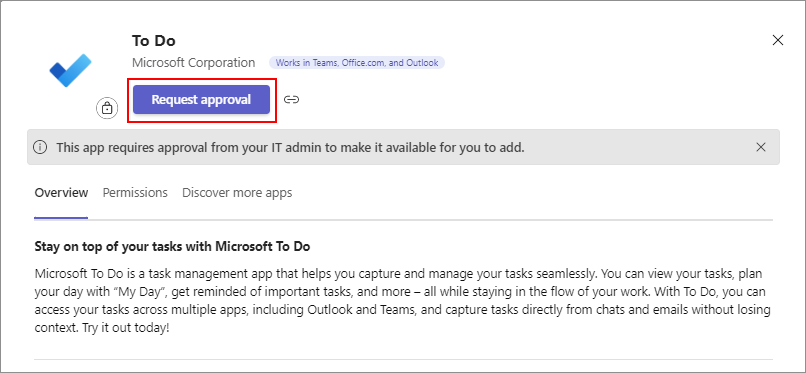Captura de tela mostrando a opção de solicitar um administrador para aprovar um aplicativo bloqueado.