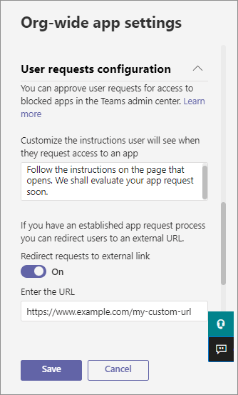 Captura de tela para alternar a personalização da URL para as solicitações de usuário na interface do usuário das configurações do aplicativo em toda a organização.