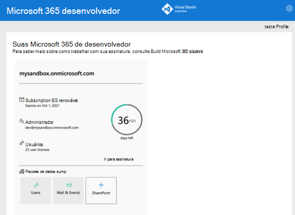 A captura de tela mostra o exemplo do que você vê depois de se inscrever no programa de desenvolvedores do Microsoft 365.