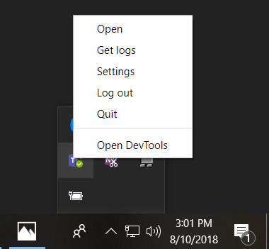 A captura de tela mostra a opção de abrir o DevTools da área de trabalho do Windows.