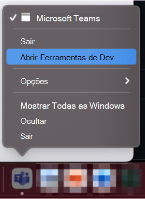 A captura de tela mostra a opção de abrir o DevTools no dock do macOS.