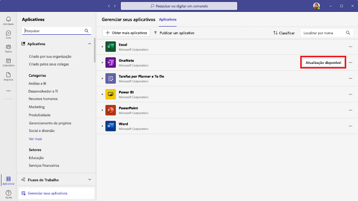 A captura de tela mostra a opção de selecionar a atualização para o aplicativo Teams.
