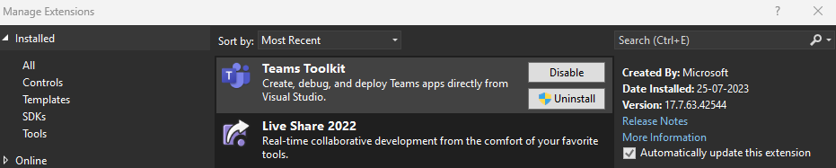 A captura de tela mostra a seleção do Teams Toolkit.