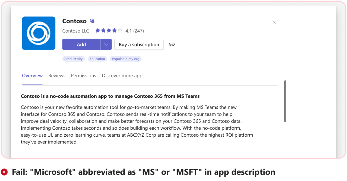 O gráfico mostra um exemplo de não abreviar a Microsoft como MS ou MSFT pela primeira vez na descrição do aplicativo.