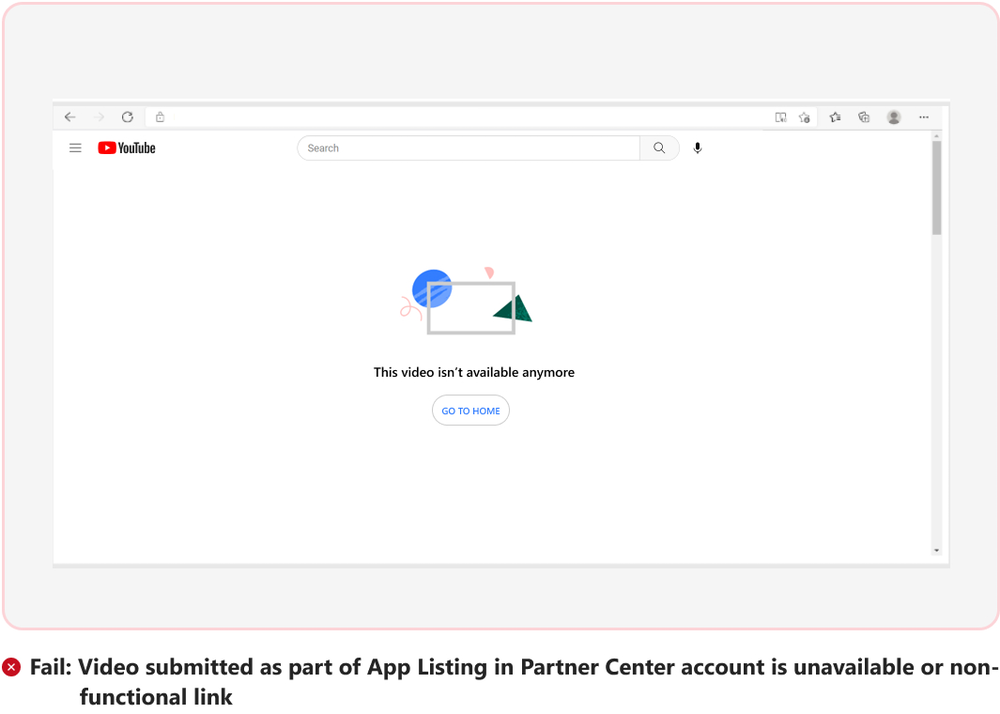 A captura de tela mostra o cenário com falha do vídeo enviado como parte da listagem de aplicativos no centro de parceiros.