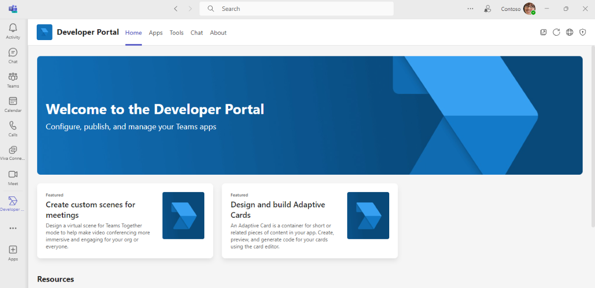 A captura de tela mostra a home page dos aplicativos do Portal do Desenvolvedor no cliente do Teams.