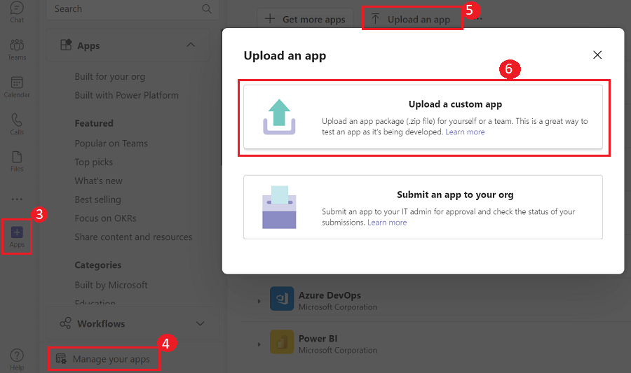 Captura de tela mostrando a seleção de Carregar um aplicativo personalizado realçado em vermelho.
