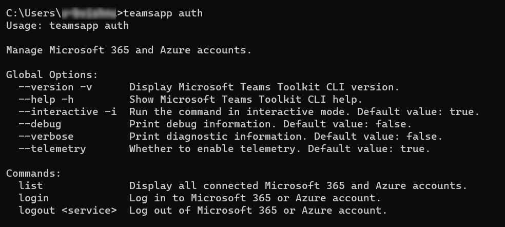A captura de tela mostra os comandos de auth teamsapp.
