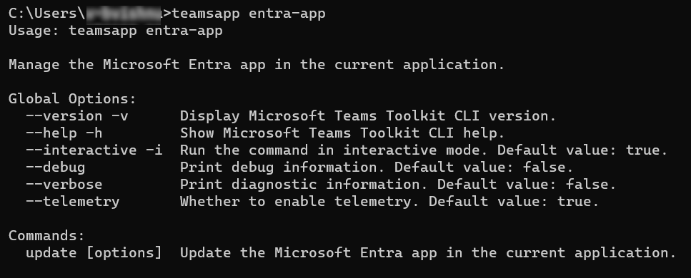 A captura de tela mostra o comando teamsapp entra-app.