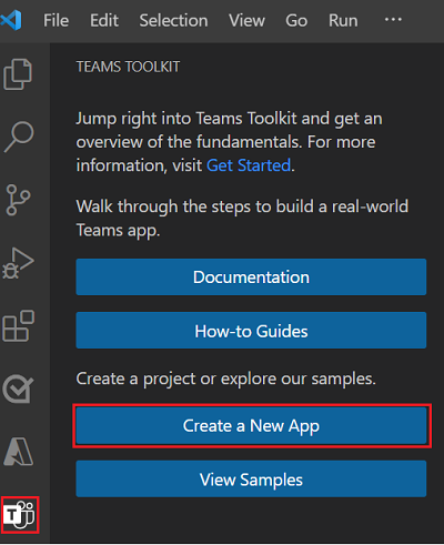 A captura de tela mostra o local do link Create Novo Projeto na barra lateral do Teams Toolkit.