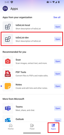 A captura de tela mostra a opção Aplicativos na barra lateral do aplicativo Microsoft 365 para ver suas guias pessoais instaladas no aplicativo Microsoft 365 para Android.