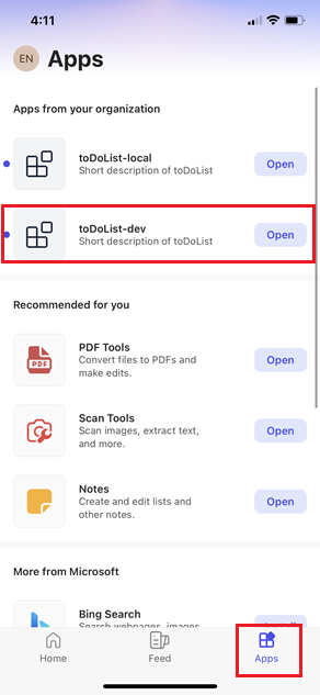 A captura de tela mostra a opção Aplicativos na barra lateral do aplicativo Microsoft 365 para ver suas guias pessoais instaladas no Microsoft 365 para iOS.
