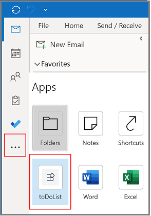 A captura de tela mostra a opção Mais aplicativos na barra lateral do cliente da área de trabalho do Outlook para ver seu aplicativo de guia instalado.