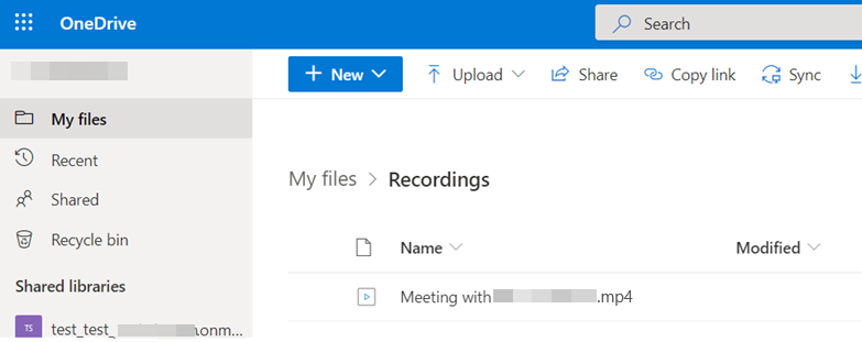 Captura de tela do local do OneDrive para armazenar gravações de reunião.