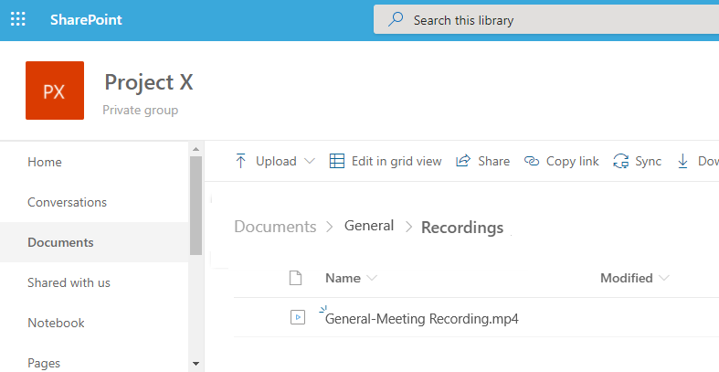 Captura de tela do local do SharePoint para armazenar gravações de reunião.