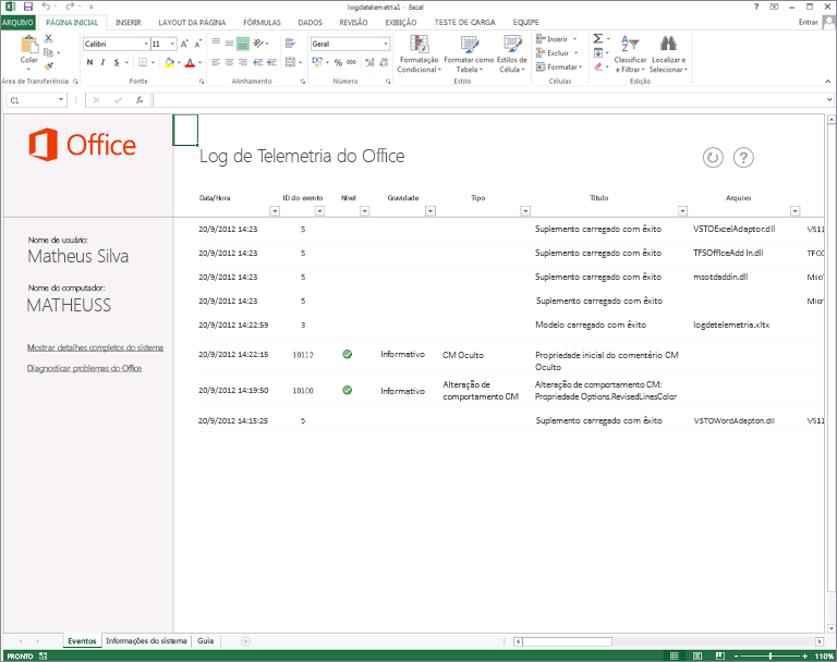 O Office Visualizador de Eventos exibindo registros.