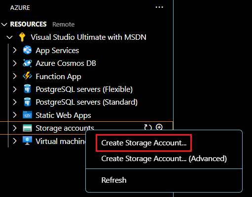 Selecionando contas > de armazenamento Criar conta de armazenamento na extensão do Azure.