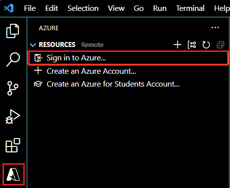 Entre no botão do Azure selecionado na extensão do Azure.