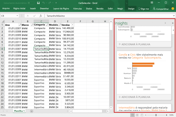 Suplemento do painel de tarefas no Excel.
