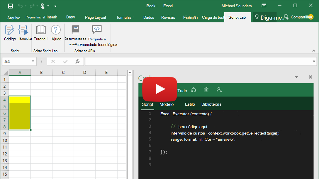 Vídeo curto que mostra Script Lab em execução no Excel, Word e PowerPoint.