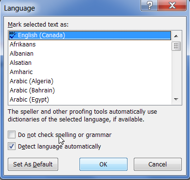 Captura de tela da caixa de diálogo Idioma, selecionando o idioma e desmarcando a caixa de seleção Não verificar ortografia ou gramática.