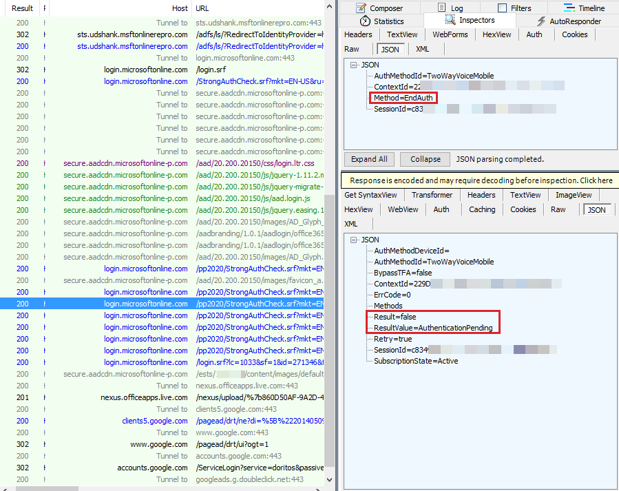 A captura de tela mostra que ResultValue está definido como AuthenticationPending.